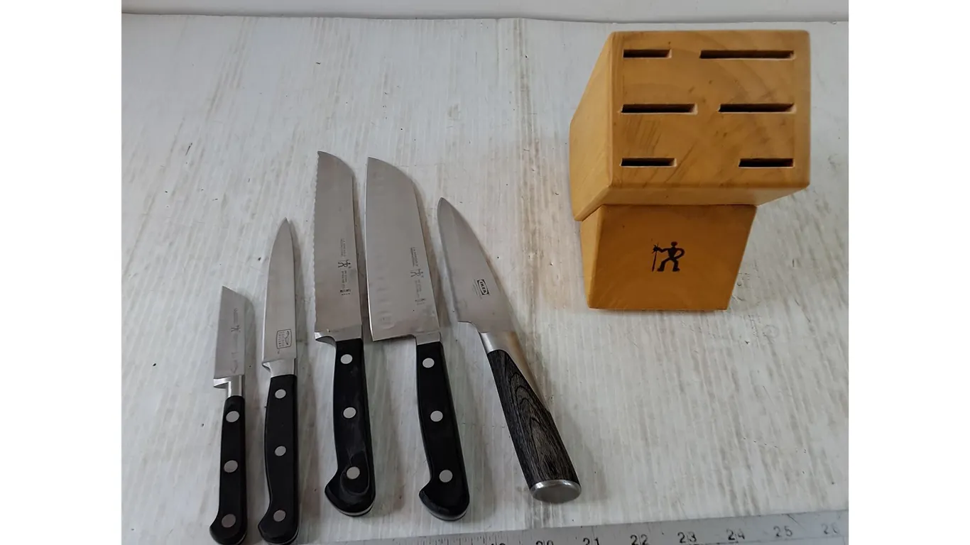 JA Henckels Knife Block with (3) Henckels Knives, (1) Chicago Cutlery and Ikea Knife