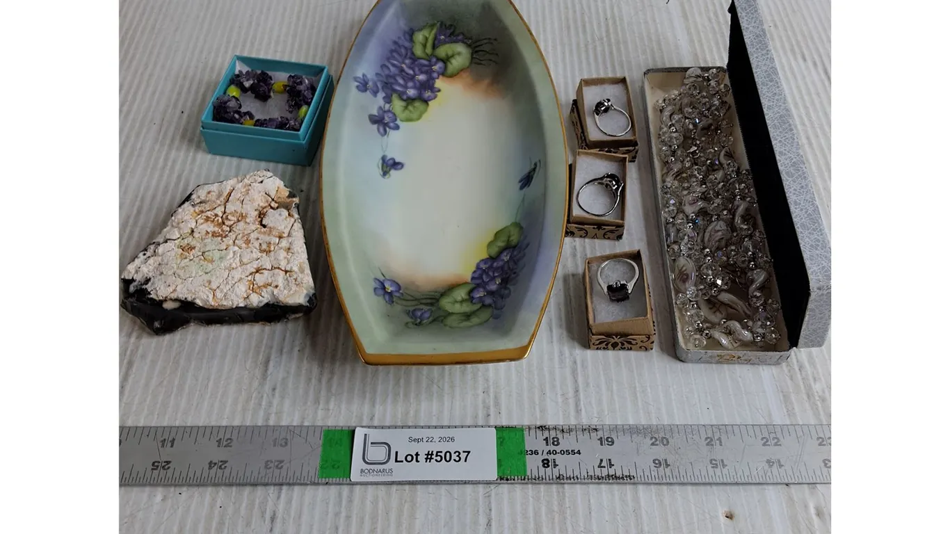 Natural Stone Paperweight,Antique Noritake Celery Dish,Amethyst Bracelet and (3) Rings,Crystal/Art J