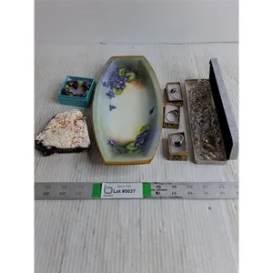 Natural Stone Paperweight,Antique Noritake Celery Dish,Amethyst Bracelet and (3) Rings,Crystal/Art J
