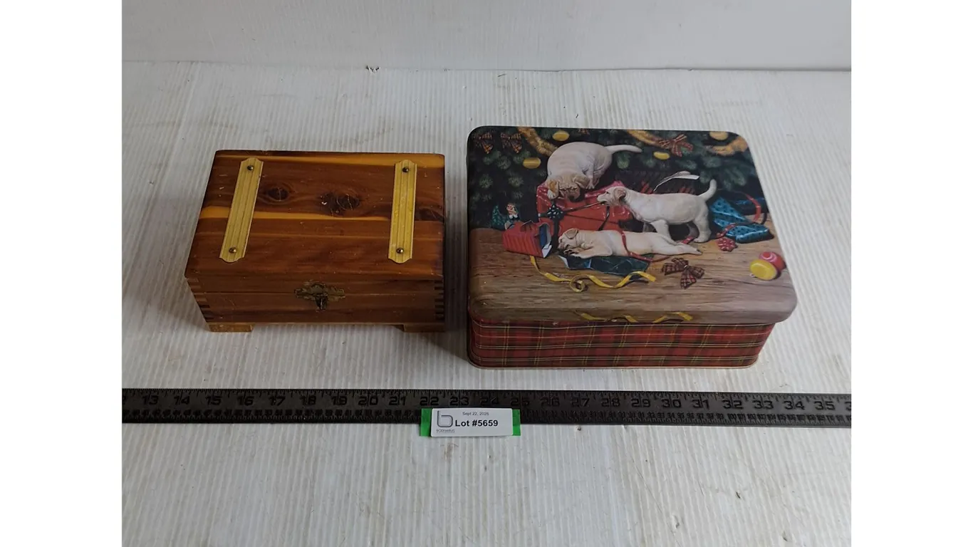 Wooden Treasure Chest, Christmas Themed Tin