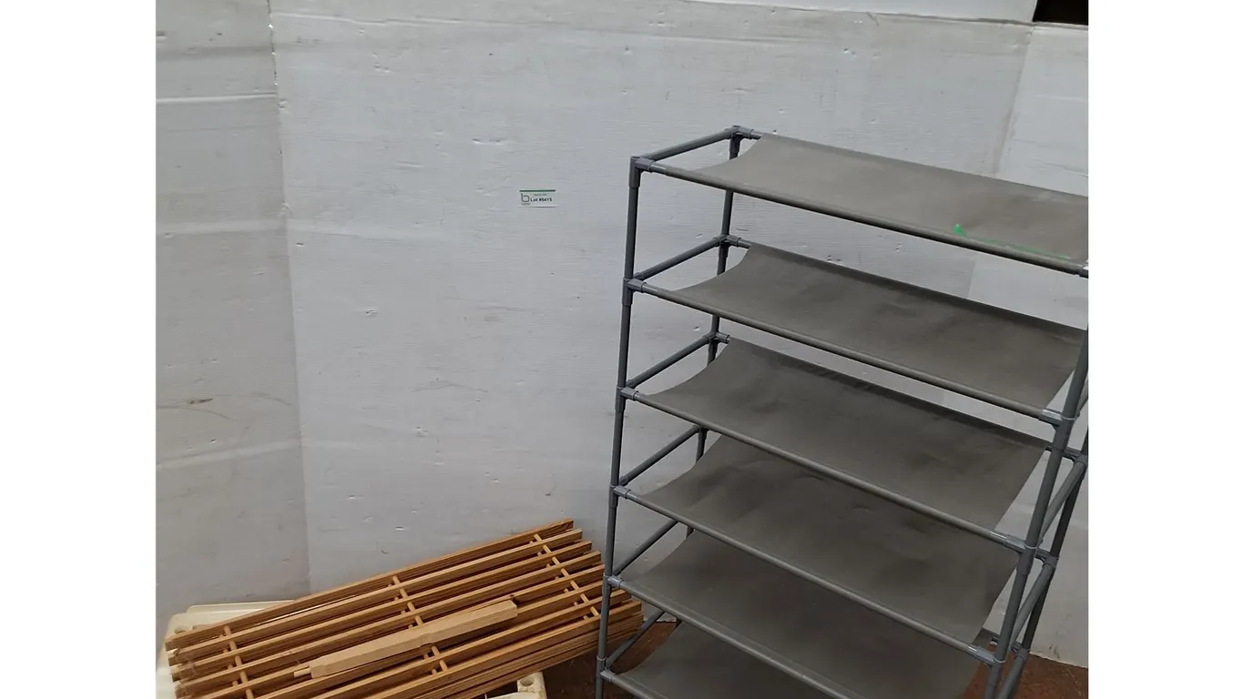 *Plastic Shelving (24 x 11 x 42), Wooden Shelf (As Is), Plastic Shoe Rack, Pickup Only