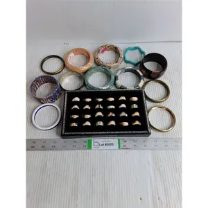 (24) Hand-Carved Shell Rings in Tray-Assorted Sizes-(12) Assorted Bangles