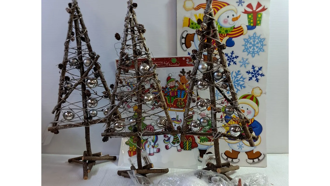 (3) Light Up Christmas Trees (Untested), Decorative Snowman, Christmas Stickers