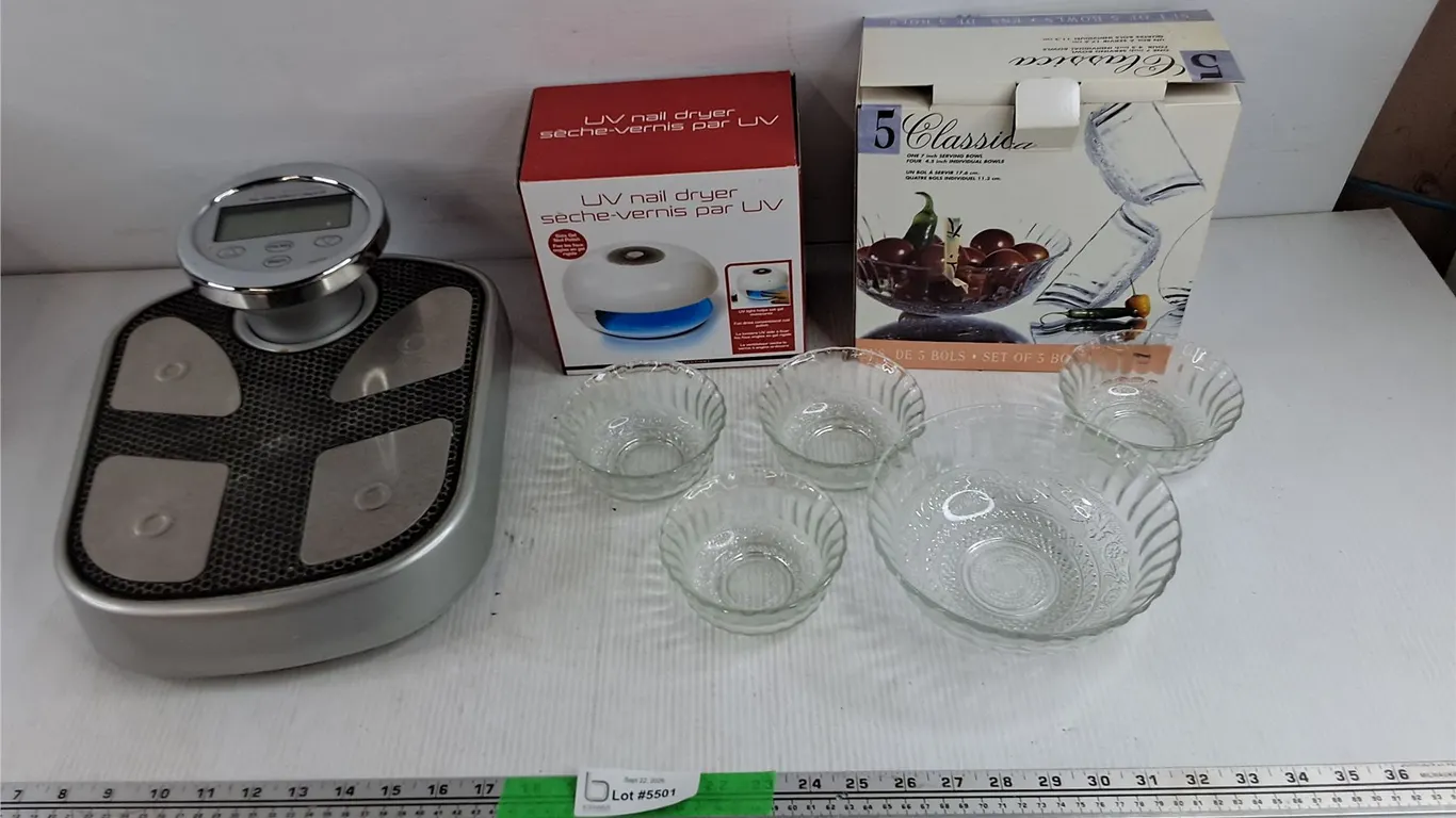Alfred Sung Home Body Scale, As Is, UV Nail Dryer - New, Classica Glass Serving Bowls
