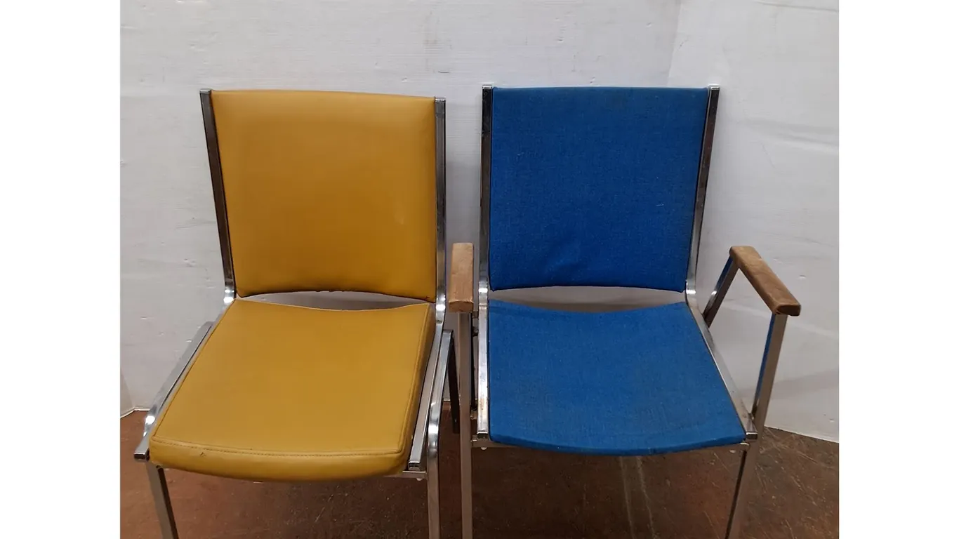 *(2) Chairs with Metal Frames, Orange and Blue No Shipping