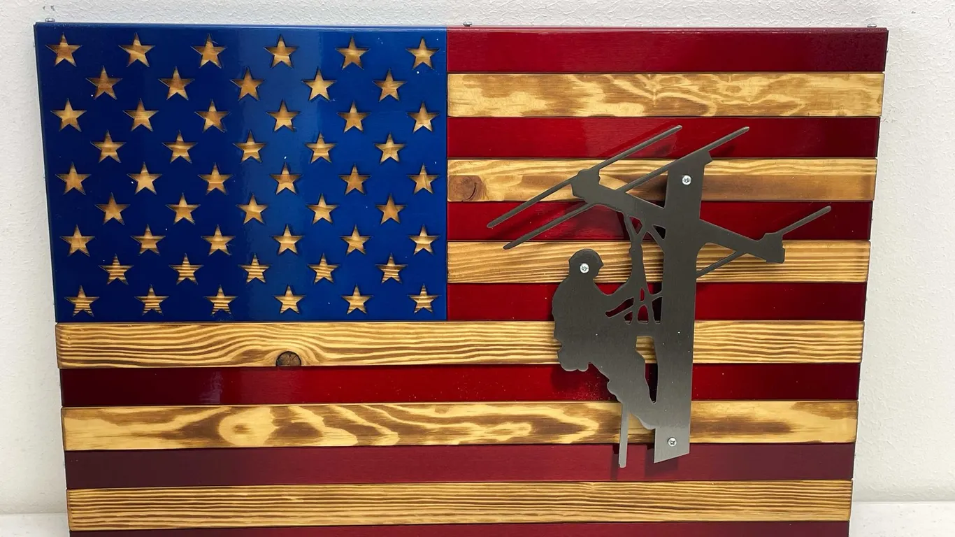 Sheet Metal American Flag with Lineman Worker