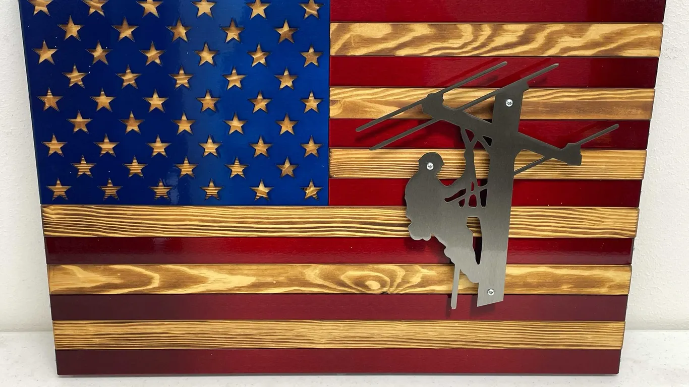 Sheet Metal American Flag with Lineman Worker