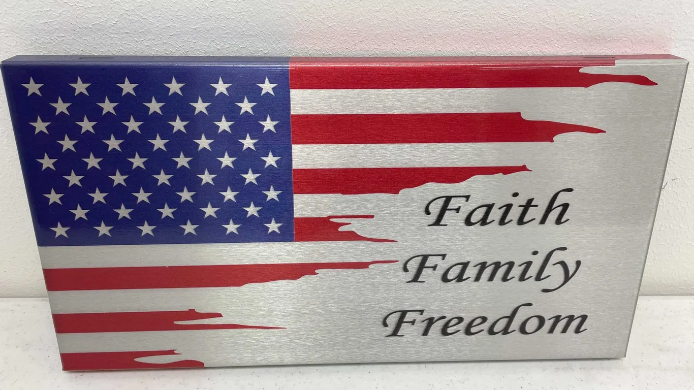 Sheet Metal American Flag with Faith, Family and Freedom