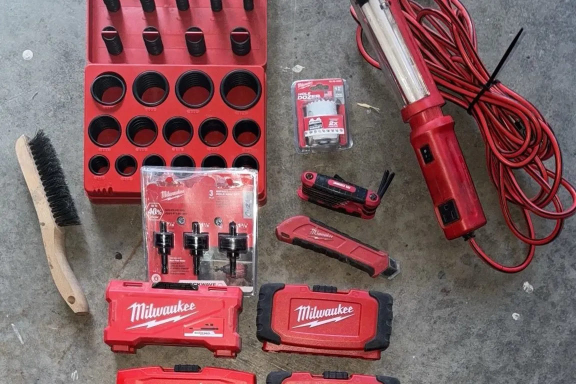 Milwaukee Drill Bit Sets, Hole Dozer, Shockwave Sockets, Hand Tools, and Light Assortment