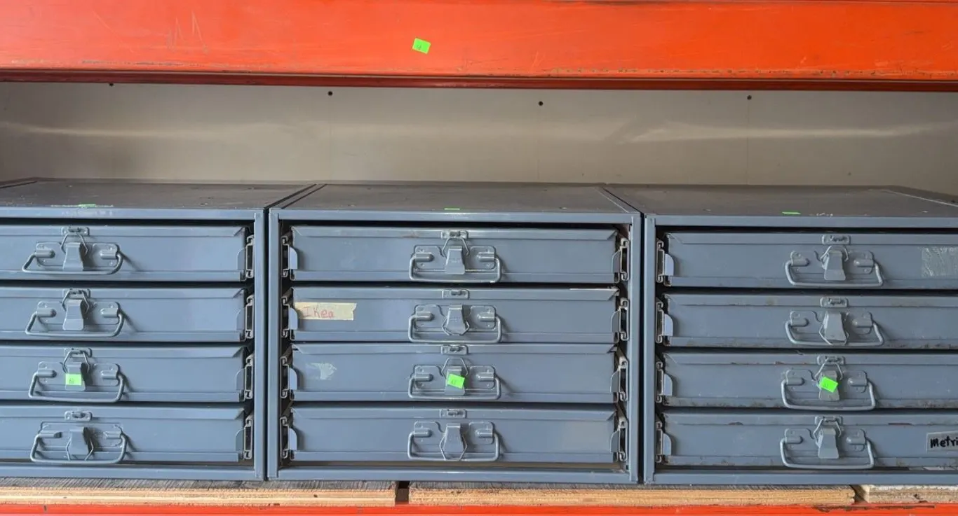Three Metal Drawer Storage Cabinets with Assorted Hardware