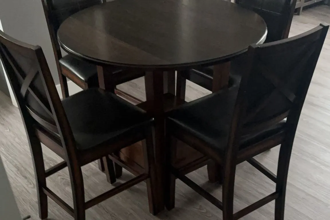 Dark Wood Round Counter-Height Pub Table with 4 Leatherette Chairs