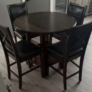 Dark Wood Round Counter-Height Pub Table with 4 Leatherette Chairs