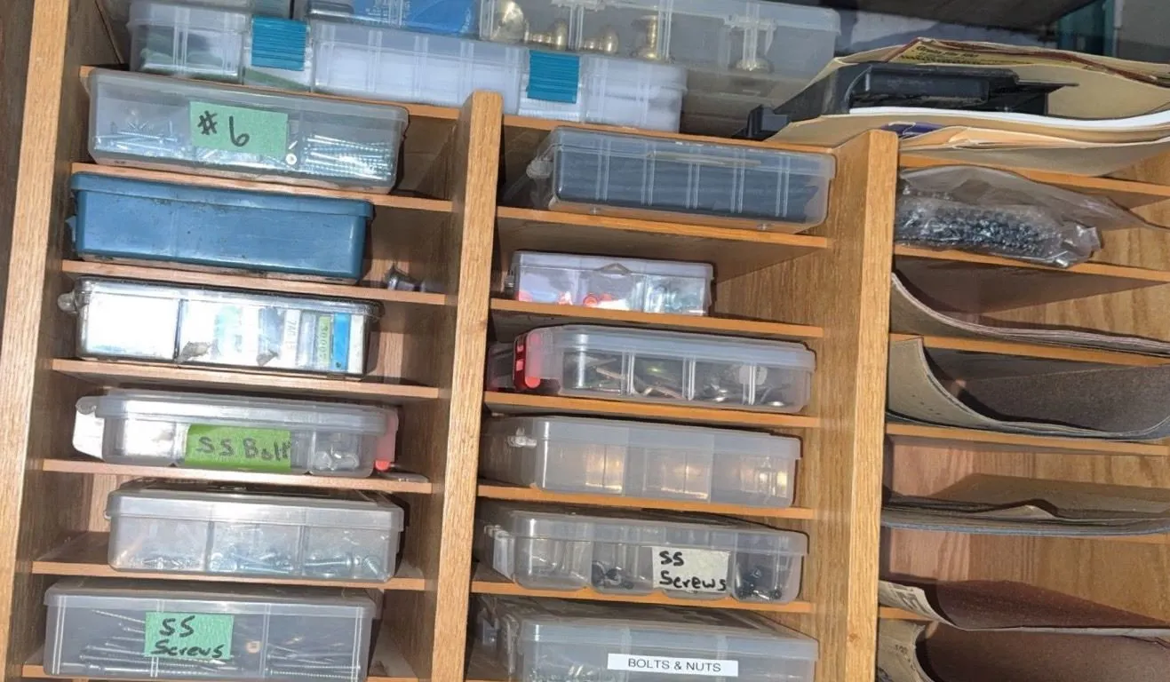 Wood Organizer with Hardware, Fasteners, Sandpaper, and Storage Cases