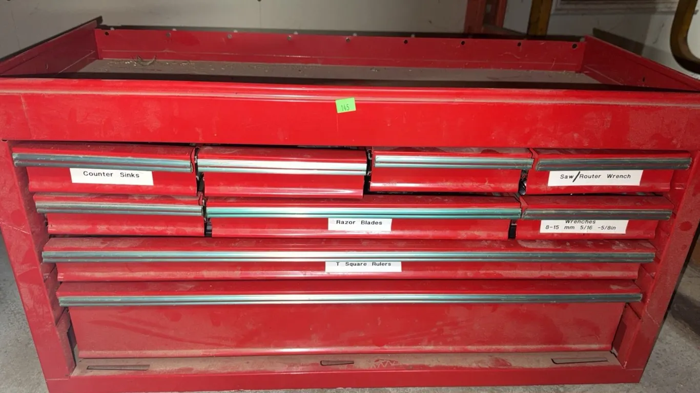 Red Metal Tool Chest with Assorted Hand Tools, Cutters, and Grinding Discs