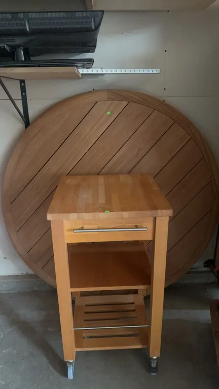 Wood Utility Cart with Drawer and Shelves Plus Large Round Wood Tabletop