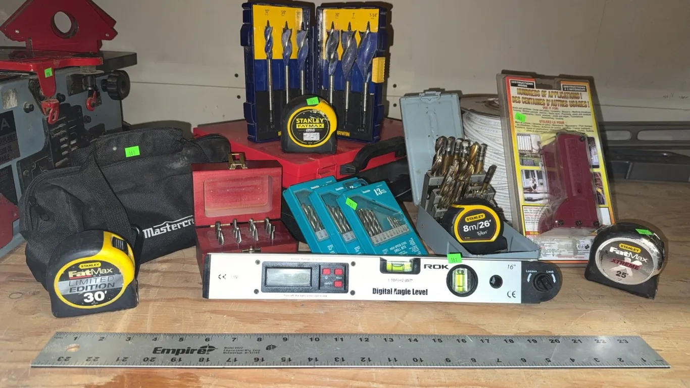 Stanley Tape Measures, ROK Digital Angle Level, Drill Bits, and Tool Bag