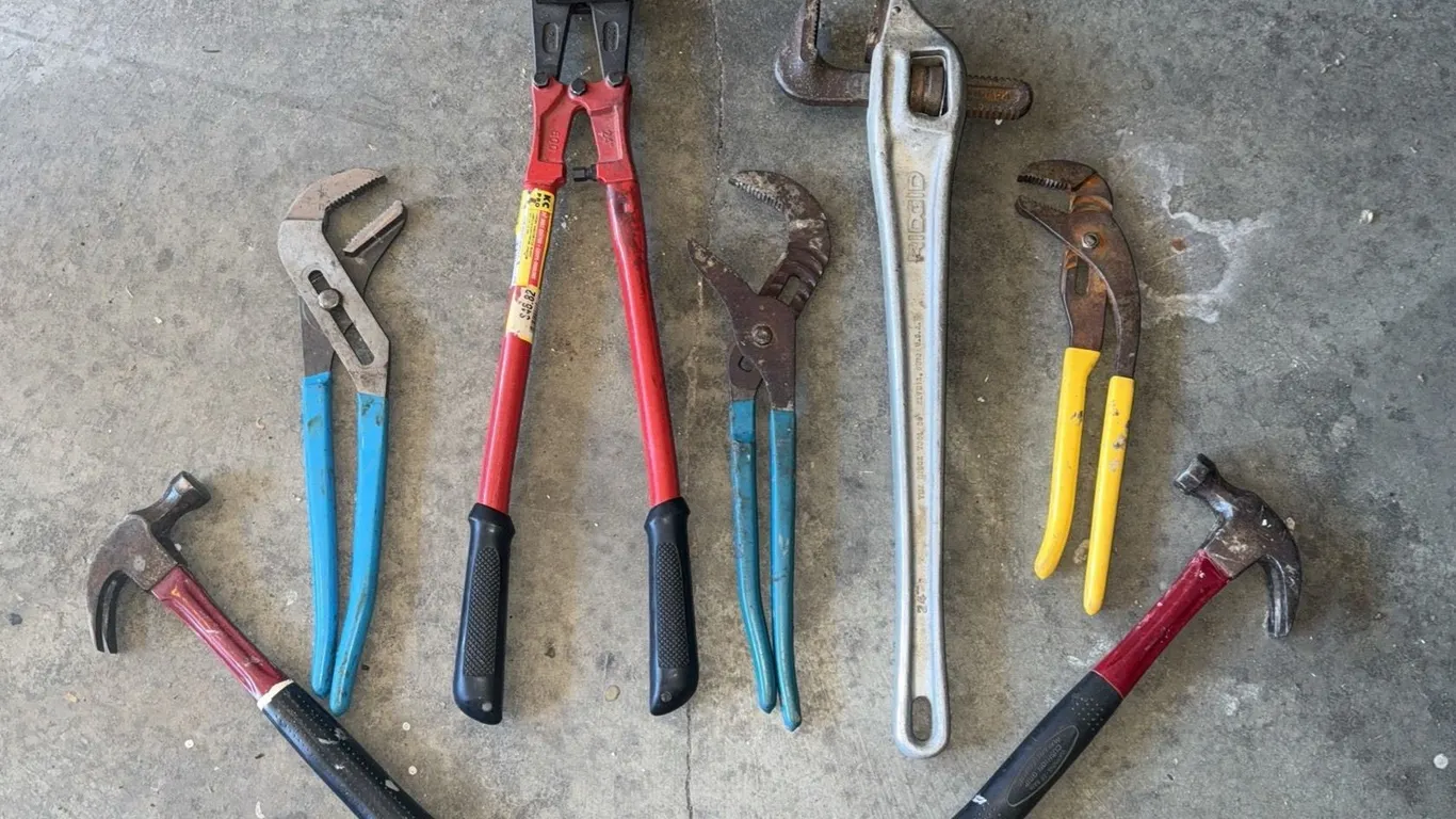 Hand Tools Including Claw Hammers, Pliers, Pipe Wrench and Bolt Cutters