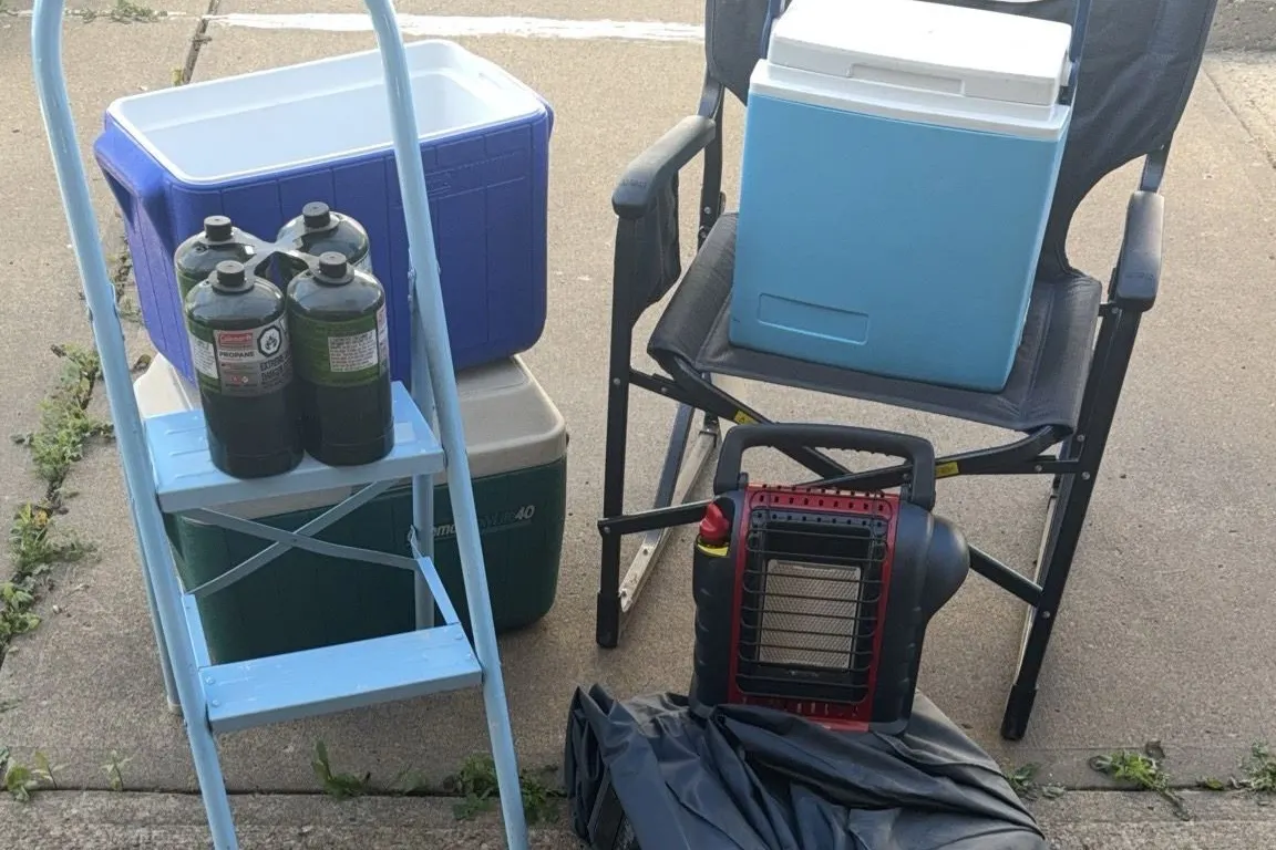Outdoor Camping Gear Lot with Mr. Heater, Coolers, Chair and Accessories