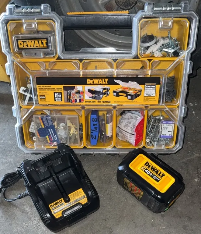 DeWalt 40V Lithium Ion Battery DCB404, Charger DCB1114, and Organizer Case with Fasteners