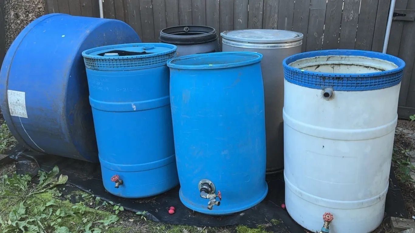 Six Outdoor Plastic and Metal Barrels with Valves and Lids