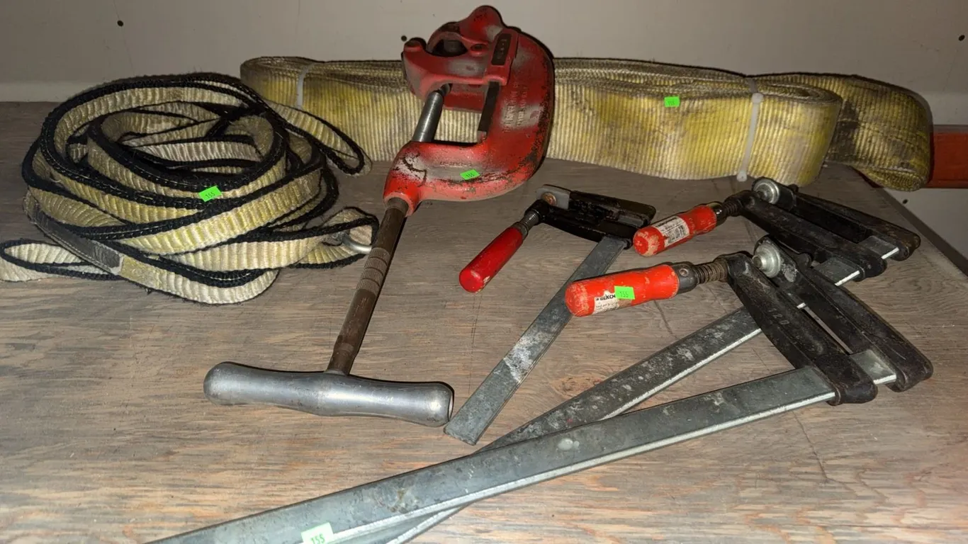 Hand Tools Including Pipe Cutter, F-Clamps, and Web Slings