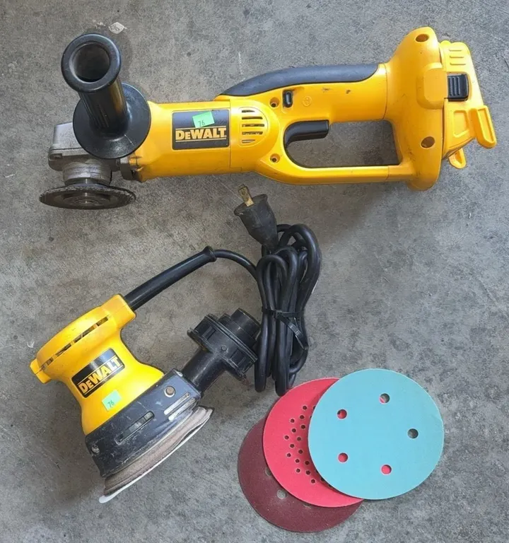 DeWalt Cordless Angle Grinder, DeWalt Electric Orbital Sander, and Sanding Discs