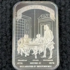 Bicentennial Writing Of The Declaration Of Independence 1 Oz. Silver Bar, Stamped Lee & Dolene-25 Years, Madison Mint