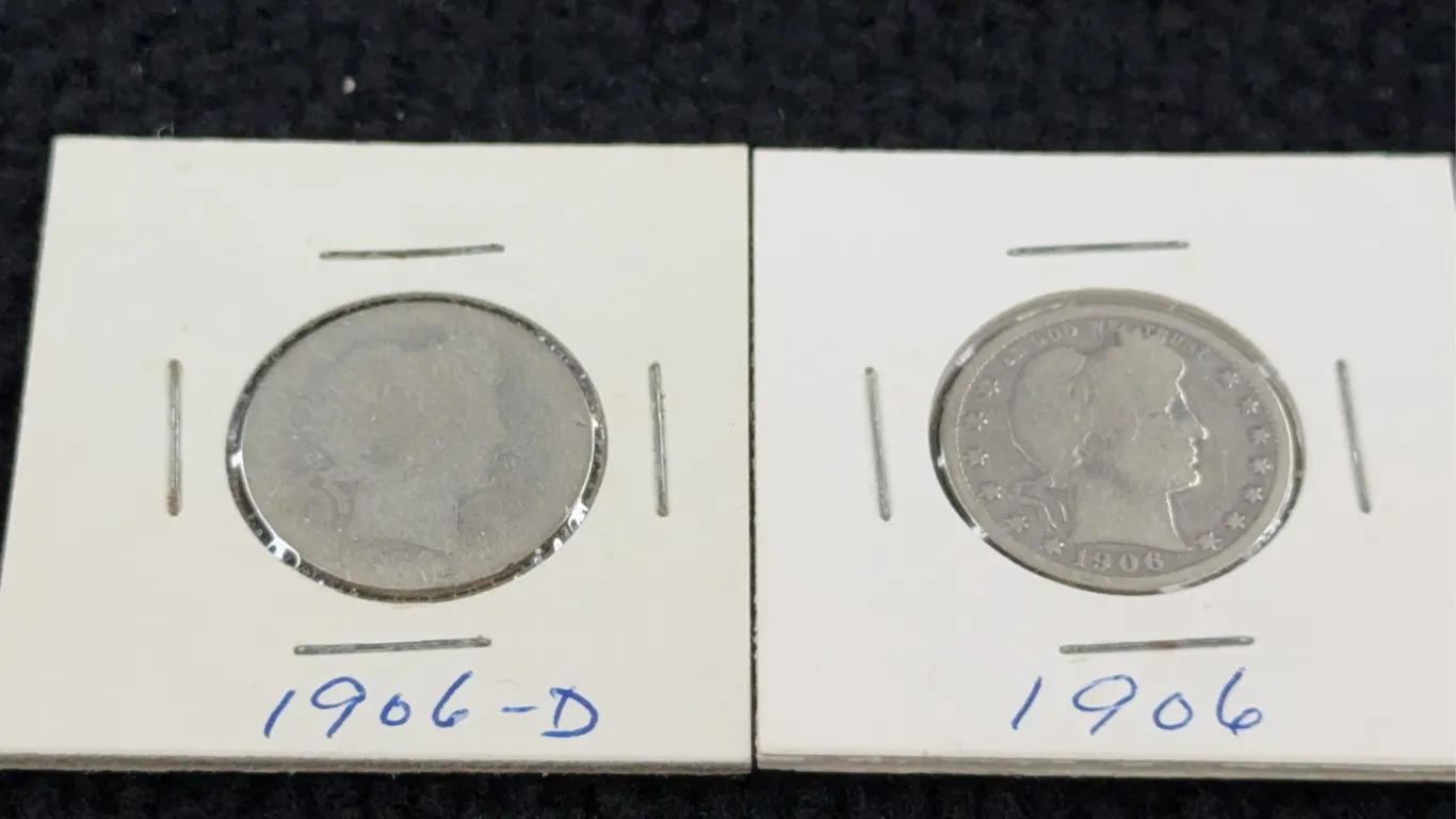 2 1906 Barber Silver Quarter Dollars, Philadelphia & Denver Mints