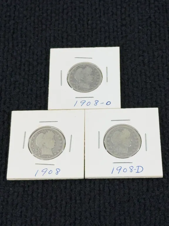 3 1908 Barber Silver Quarter Dollars, Philadelphia, New Orleans, & Denver Mints