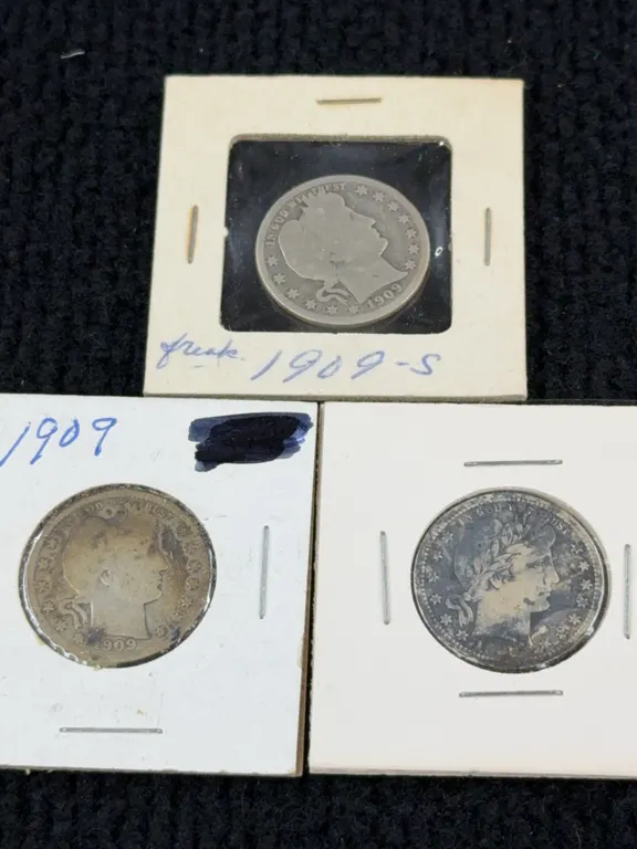 3 1909 Barber Silver Quarter Dollars, Philadelphia and San Francisco Mint