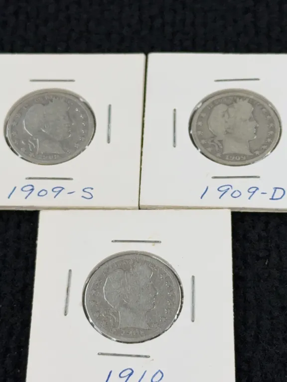 1909 (2) & 1910 Barber Silver Quarter Dollars, Philadelphia, Denver, & San Francisco Mint