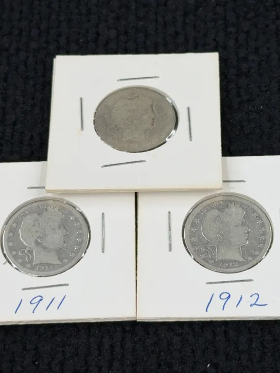 1911, 1912 & Unknown Barber Silver Quarter Dollars, Philadelphia Mint