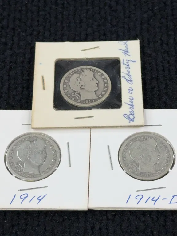 3 1914 Barber Quarter Silver Dollars, Philadelphia and Denver Mint