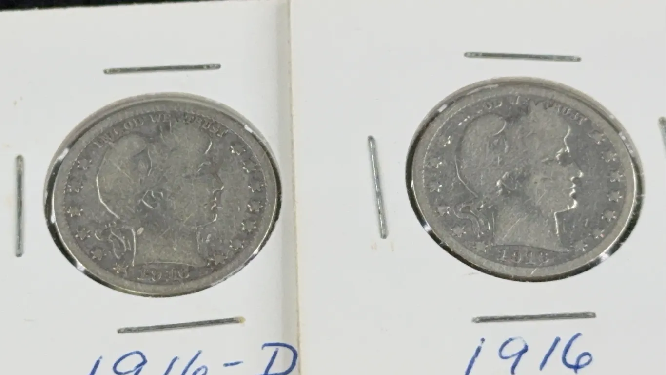 2 1916 Barber Silver Quarter Dollars, Denver and Philadelphia Mint