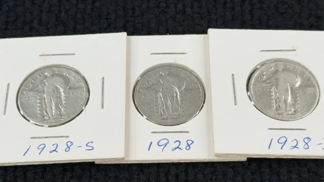 3 1928 Standing Liberty Silver Quarter Dollars, Philadelphia, Denver, & San Francisco Mint
