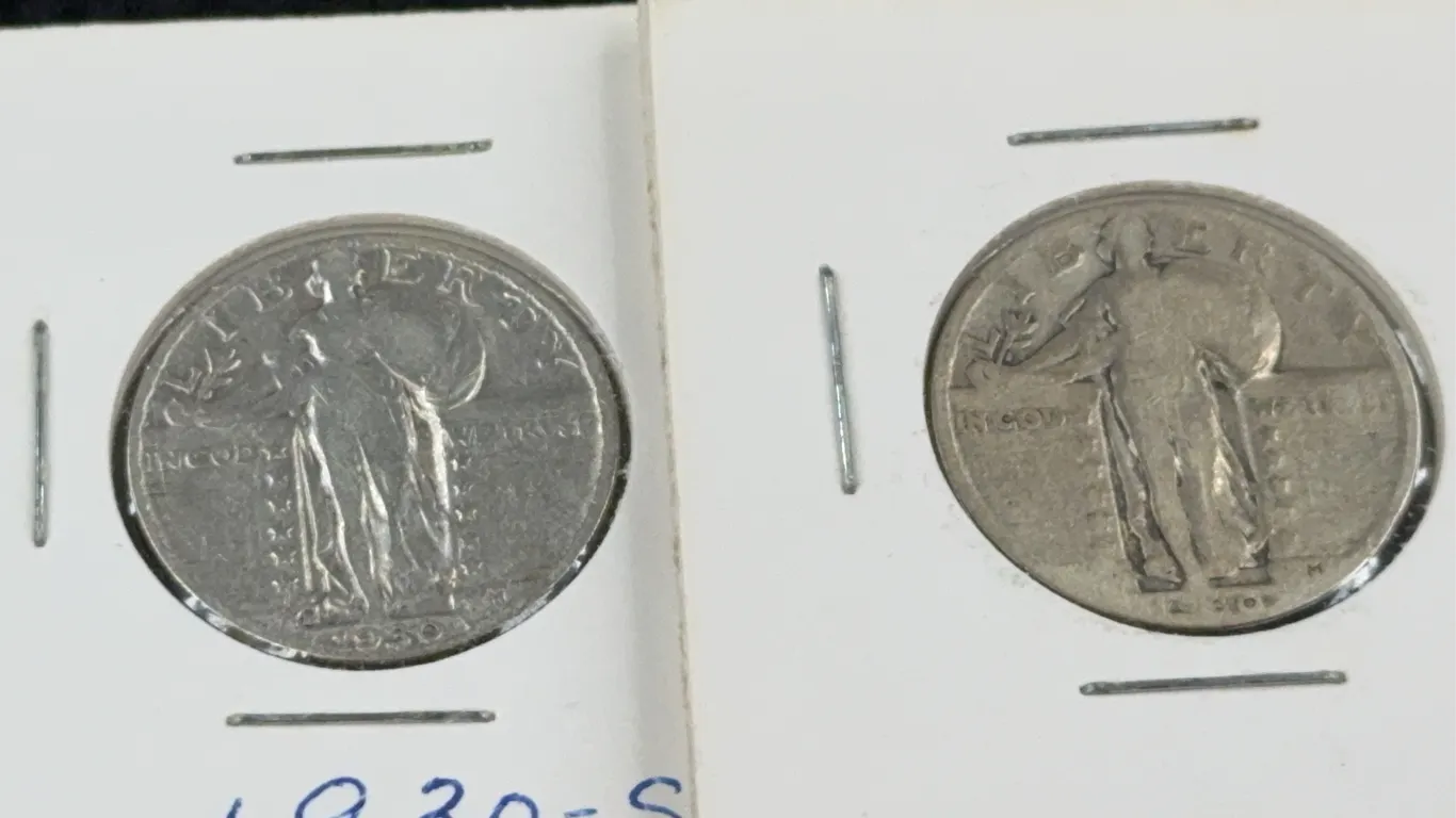 2 1930 Standing Liberty Silver Quarter Dollars, Philadelphia and San Francisco Mint