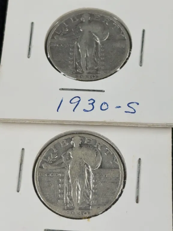 2 1930 Standing Liberty Silver Quarter Dollars, Philadelphia and San Francisco Mint