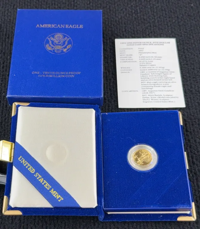 1992 1/10 Oz. American Eagle $5 Gold Coin, Philadelphia Mint, Certificate Of Authenticity