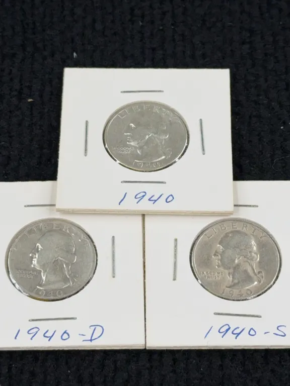 3 1940 Washington Silver Quarter Dollars, San Francisco, Denver, and Philadelphia Mint