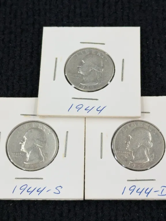 3 1944 Washington Silver Quarter Dollars, San Francisco, Denver, and Philadelphia Mint