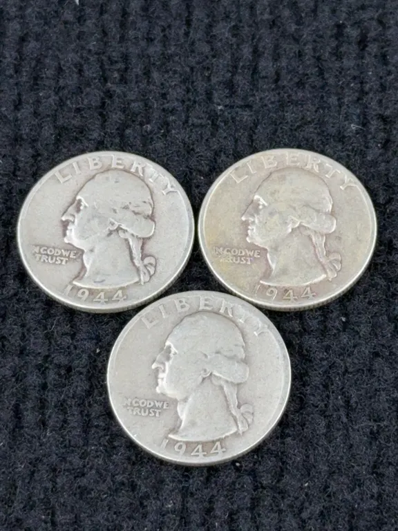 3 1944 Washington Silver Quarter Dollars, San Francisco and Philadelphia Mint