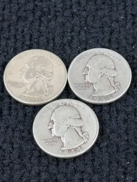 3 1944 Washington Silver Quarter Dollars, Philadelphia Mint