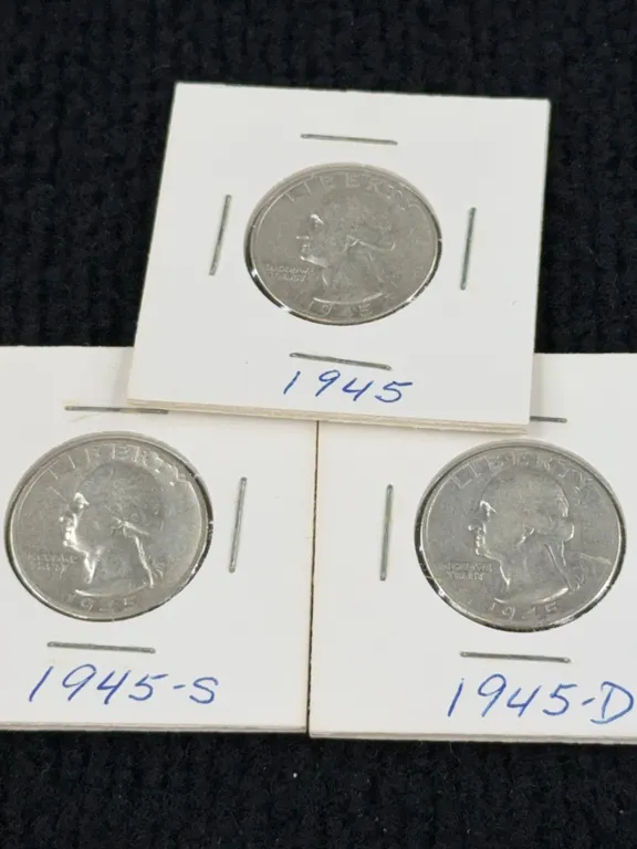 3 1945 Washington Silver Quarter Dollars, San Francisco, Denver, & Philadelphia Mint