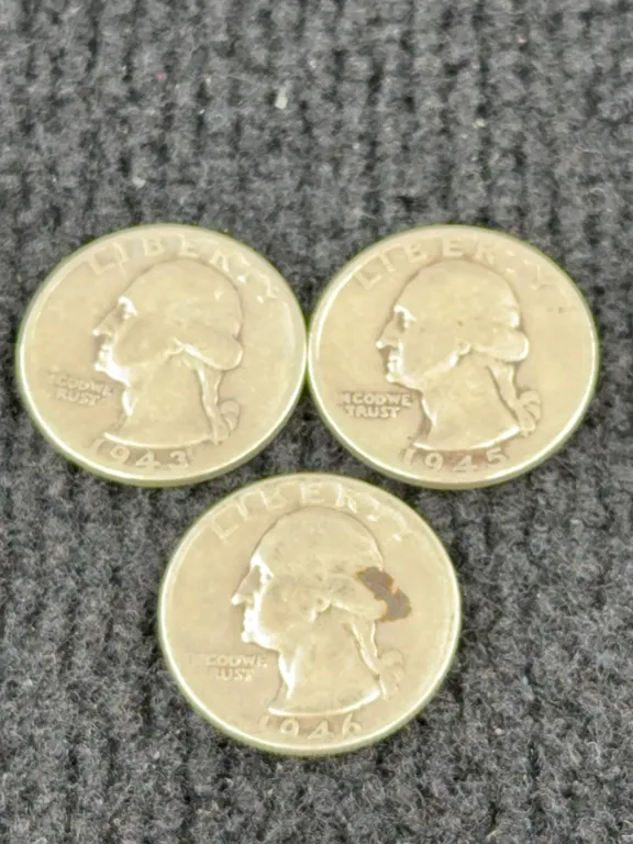 1943, 1945, & 1946 Washington Silver Quarter Dollars, Philadelphia Mint