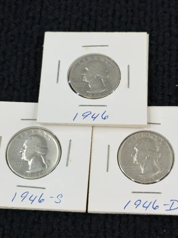 3 1946 Washington Silver Quarter Dollars, Philadelphia, San Francisco, and Denver Mint