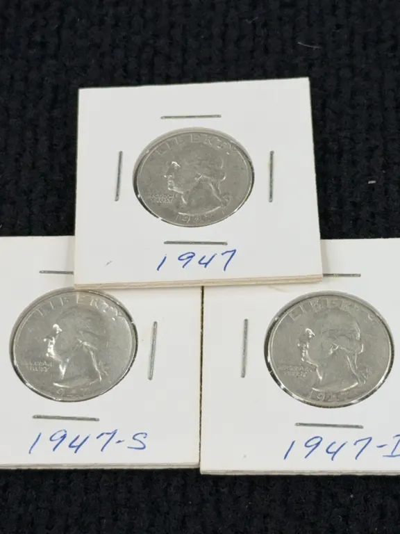3 1947 Washington Silver Quarter Dollars, San Francisco, Denver, and Philadelphia Mint