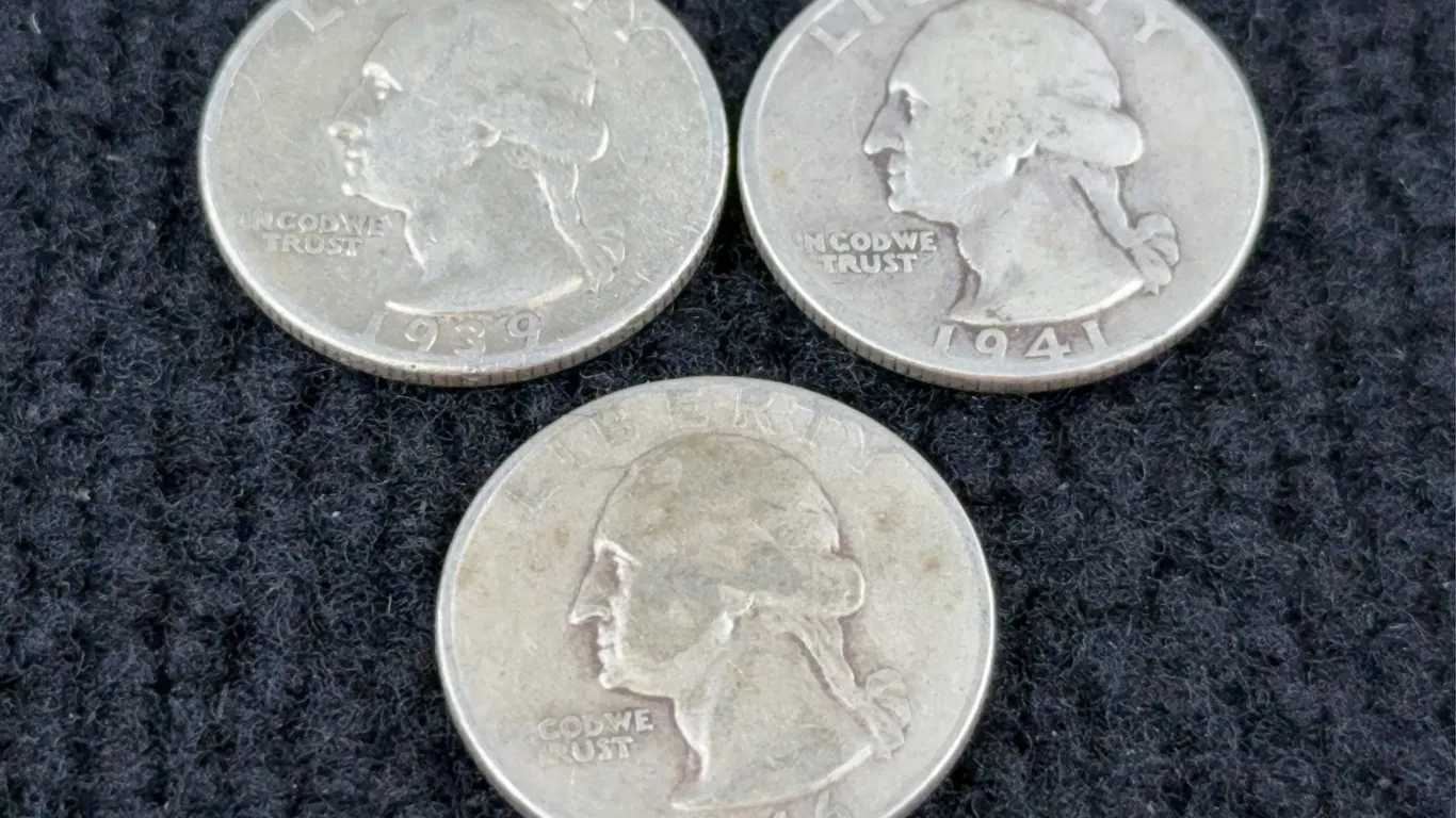 1939, 1941 & 1946 Washington Silver Quarter Dollars, Philadelphia Mint