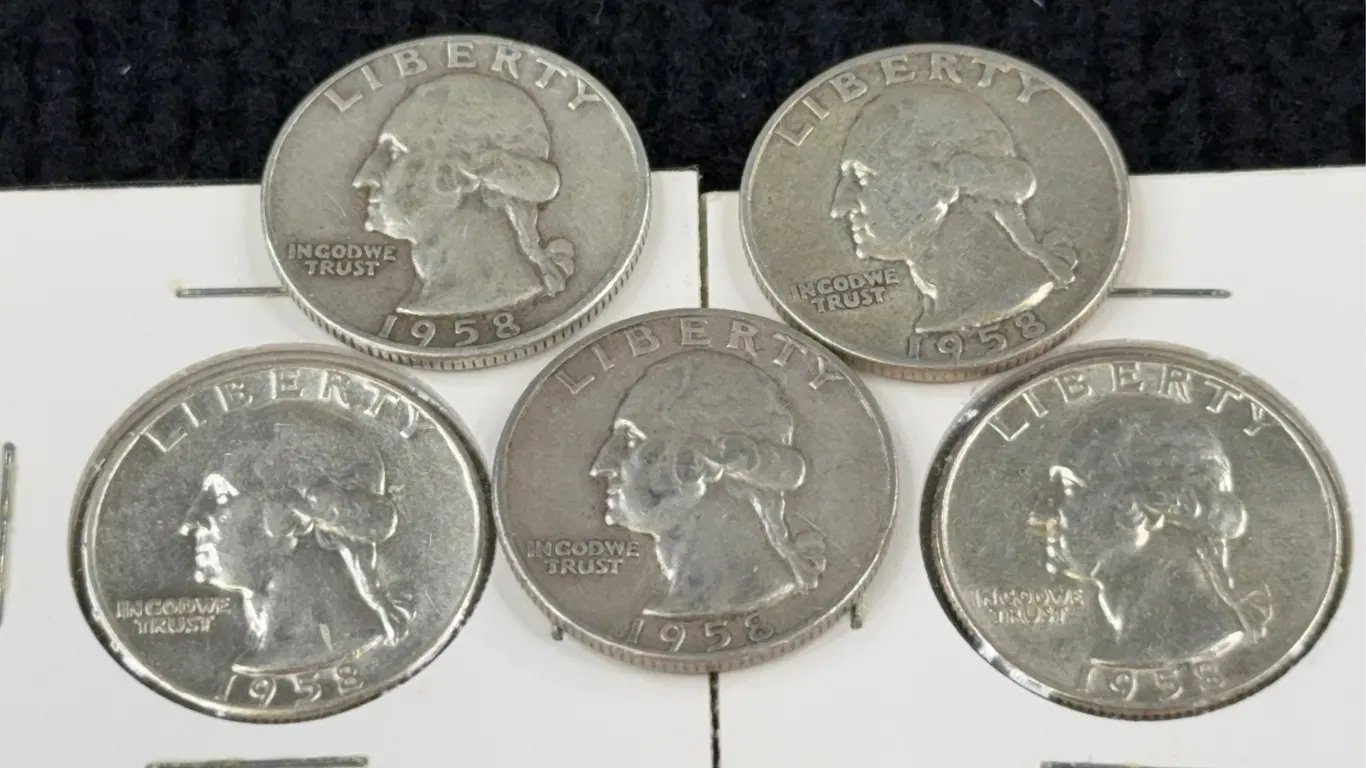 5 1958 Washington Silver Quarter Dollars, Philadelphia & Denver Mint