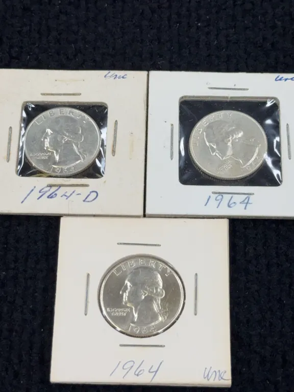 3 1964 Washington Silver Quarter Dollars, Denver and Philadelphia Mint