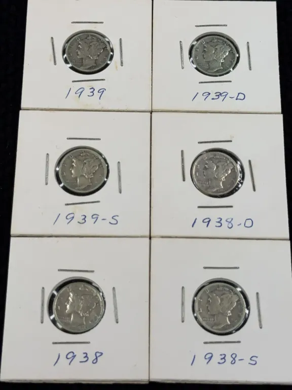 6 1938-1939 Mercury Silver Dimes, Philadelphia, Denver & San Francisco Mint